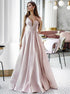 A Line V Neck Open Back Pink Satin Pleats Prom Dress LBQ0266